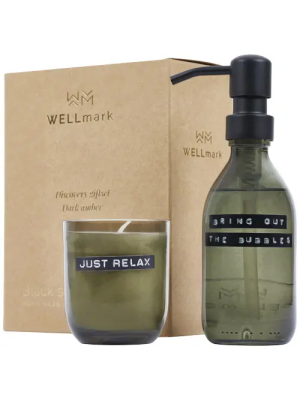 Dispensador de jabón de manos de 200 ml y juego de velas aromáticas de 150 g con fragancia de ámbar oscuro 