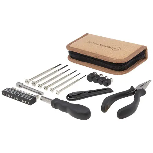 Set de herramientas de plástico reciclado con certificación RCS de 24 piezas con funda de corcho