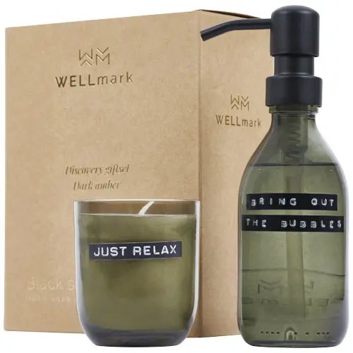 Dispensador de jabón de manos de 200 ml y juego de velas aromáticas de 150 g con fragancia de ámbar oscuro 